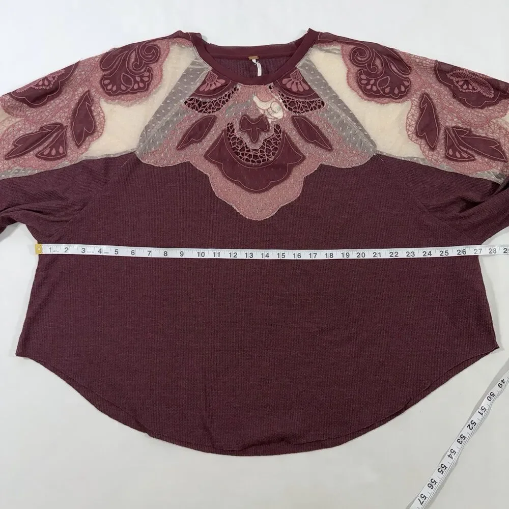Free People Toni Tunic Top MEDIUM Mulberry Burgundy Embroidered Lace Waffle Boho